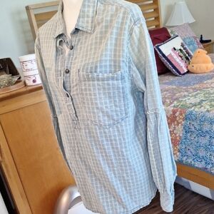 Free People Light Blue Plaid Button Pullover Shirt